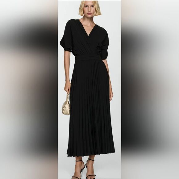 Mango Pleated Faux Wrap Midi Dress NWOT Size 6 Black - Picture 1 of 5